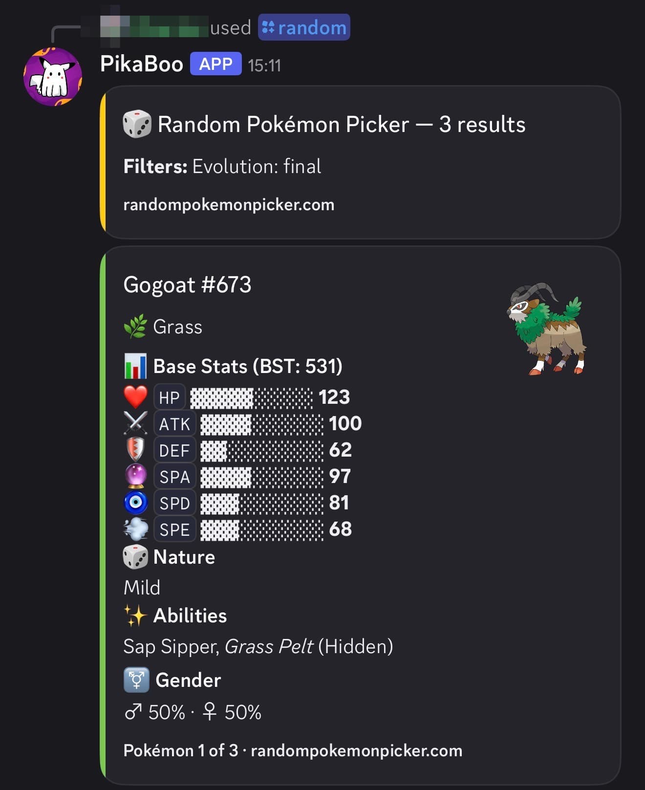 PikaBoo Discord bot showing a random Gogoat — its type, base stats, nature, abilities, and gender — after a /random command