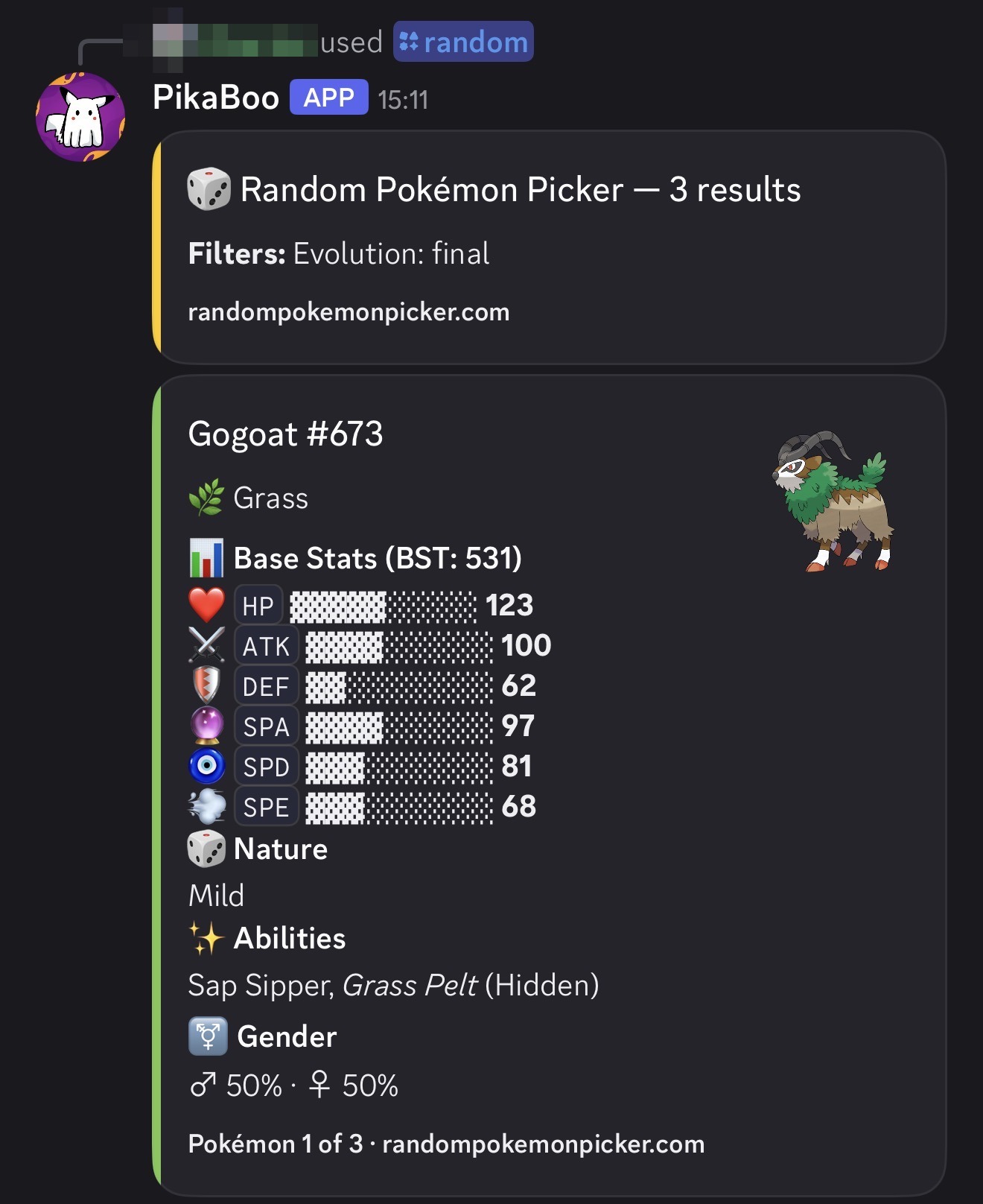 PikaBoo Discord bot showing a random Gogoat — its type, base stats, nature, abilities, and gender — after a /random command
